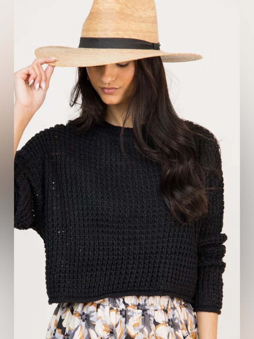 Black Cropped Waffle Knit Sweater - Women